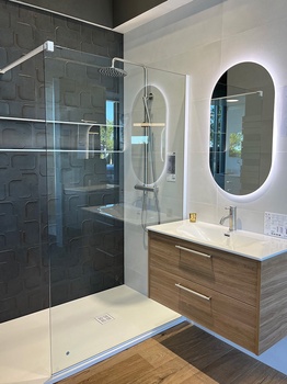 Meuble suspendu 2 tiroirs et miroir led et douche