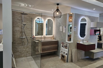 Douche et meuble de salle de bain double vasque avec miroir led