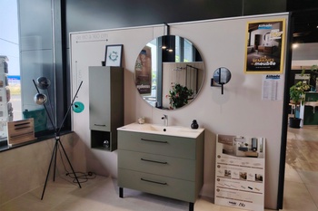 Meuble de salle de bain sur pieds avec miroir rond