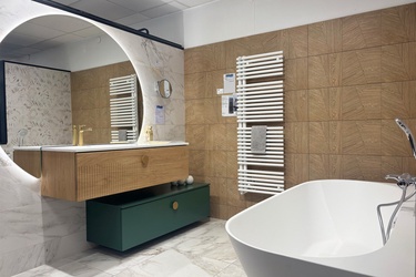 Meuble de salle de bain suspendu 2 tiroirs, sèche serviette et baignoire