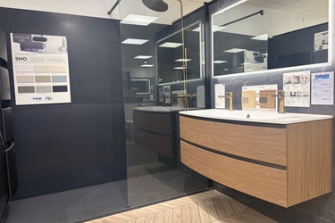 Meuble suspendu avec double vasque et douche avec receveur extra plat