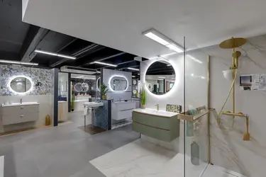 Douche avec meuble suspendu et miroir LED