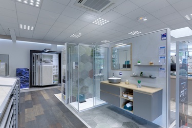 Meuble avec vasque à poser et douche