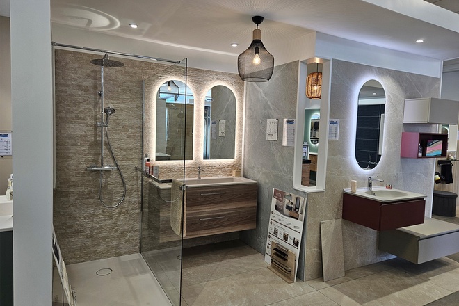 Douche et meuble de salle de bain double vasque avec miroir led