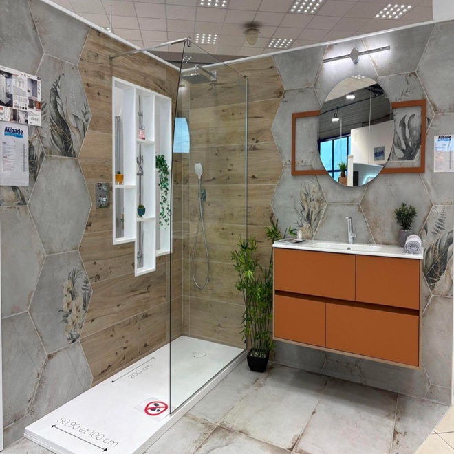 Douche italienne avec meuble suspendu 2 tiroirs