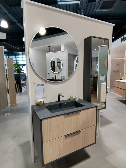 Meuble Ultra Cadra suspendu et miroir LED rond 