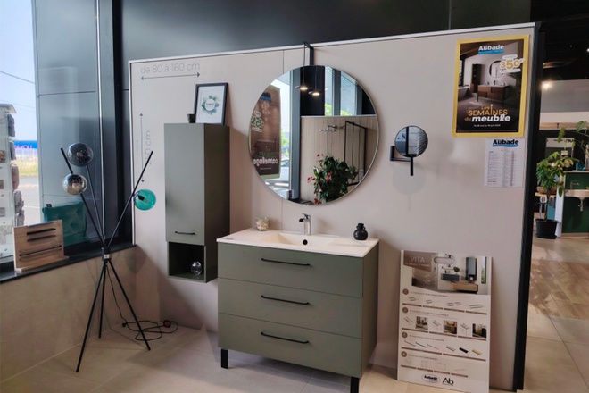 Meuble de salle de bain sur pieds avec miroir rond