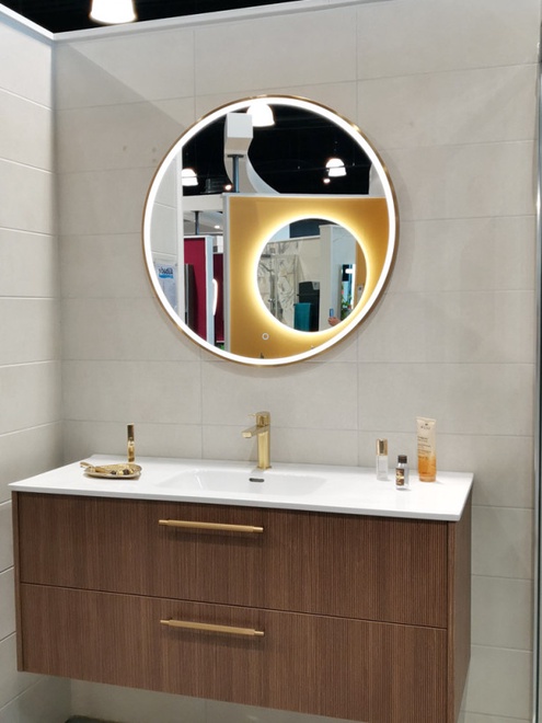 Meuble salle de bains suspendu avec miroir LED rond 